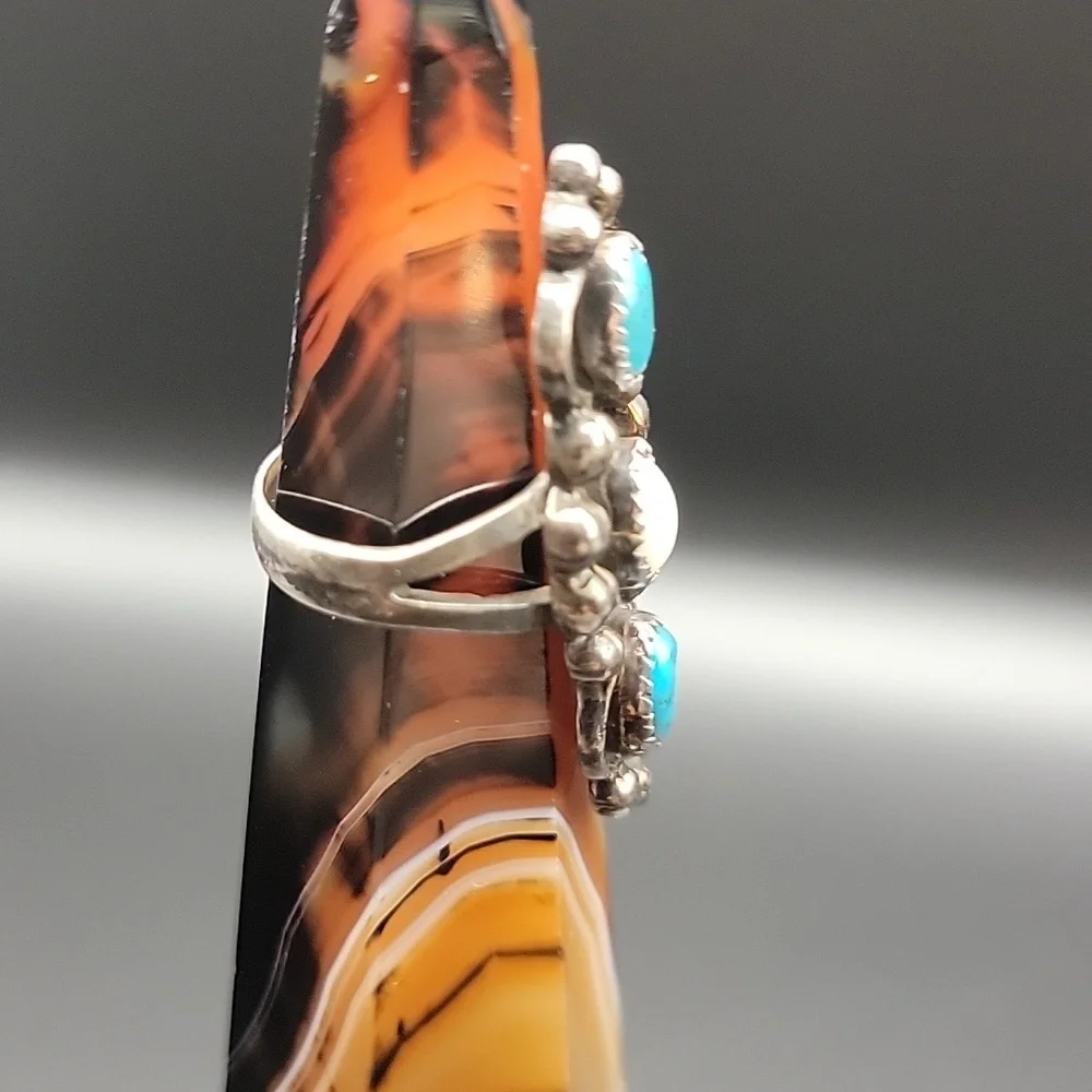 Vintage Navajo Sterling Silver Turquoise Mother Of Pearl 3-Stone Statement Ring - Picture 6 of 12